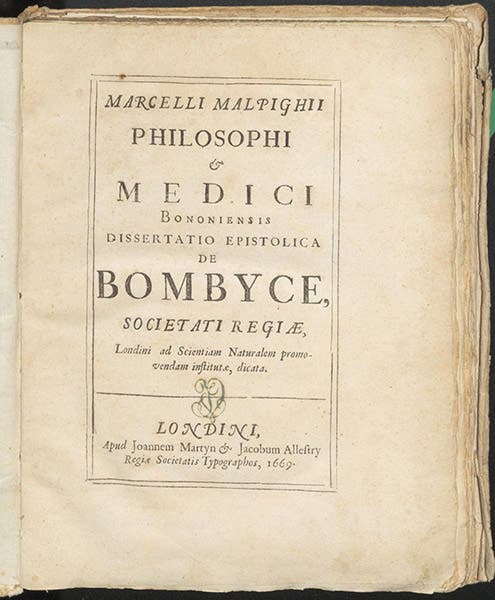 Titlepage, Marcello Malpighi, De bombyce, 1669 (Linda Hall Library)