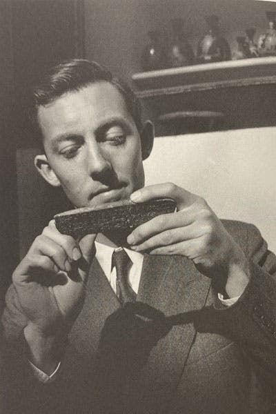 Michael Ventris with a Linear B tablet, frontispiece to Andrew Robinson, The Man Who Deciphered Linear B: The Story of Michael Ventris, 2002 (author’s copy)