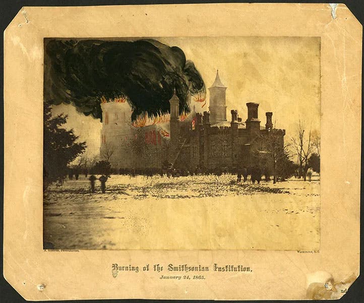The burning of the Smithsonian, Jan. 24, 1865, which destroyed the papers of James Smithson, photograph, hand-colored and retouched, by Alexander Gardner, Smithsonian Institution Archives; the flames were painted in by Gardner (siarchives.si.edu)