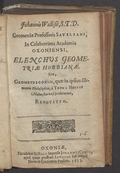 Title page of John Wallis’s first treatise attacking Thomas Hobbes, Elenchus geometriae Hobbianae, 1655 (Linda Hall Library)