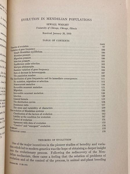 “Evolution in Mendelian populations,” by Sewall Wright, first page, Genetics, vol. 16, 1931 (Linda Hall Library)