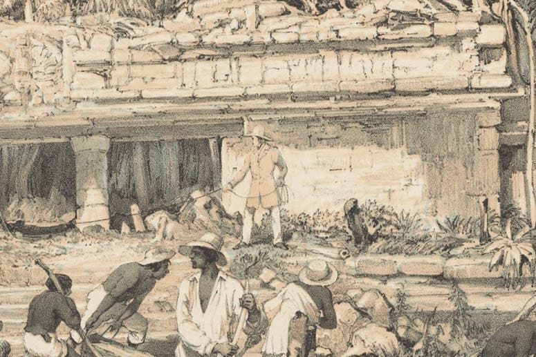 Detail of temple at Tuloom (Tulum), supposed portrait of Catherwood, detail of lithograph by W. Parrott after watercolor by Frederick Catherwood, Views of Ancient Monuments in Central America, Chiapas and Yucatan, plate 24, 1844, Harvard Library (lib.harvard.edu)