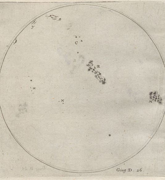 Engraving of the solar disc with sunspots, by Mattheus Greuter, after drawing by Galileo Galilei, in his Istoria e dimostrazioni intorno alle macchie solari, p. 82, 1613 (Linda Hall Library)