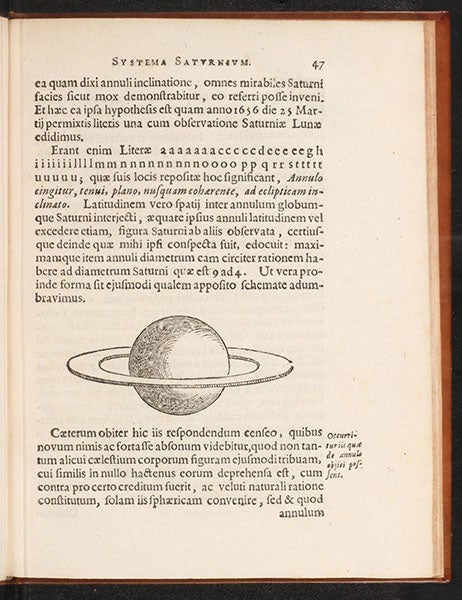 Huygen’s proposed model of Saturn with a ring, woodcut, Christiaan Huygens, Systema saturnium, 1659 (Linda Hall Library)
