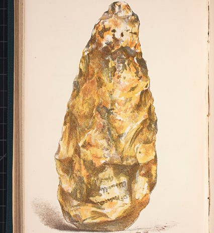 An Abbeville hand axe, given to John Lubbock by Jacques Boucher de Perthes, hand-colored lithograph, Natural History Review, vol. 2, 1862 (Linda Hall Library)