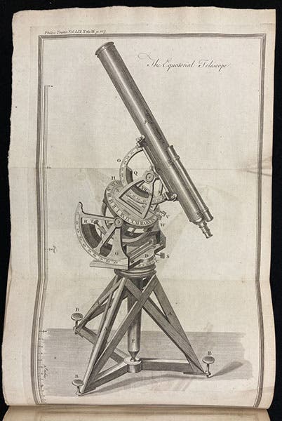 Tabletop equatorial Gregorian telescope, built by Edward Nairne, engraving by James Basire I for an article by Nairne, Philosophical Transactions of the Royal Society of London, vol. 61, plate 4, 1771 (Linda Hall Library)