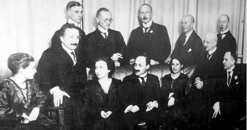 Group portrait of including Albert Einstein and other German scientists; Fritz Haber is third from the right, with the shaved head, just above Lise Meitner and Otto Hahn (Wikimedia commons)