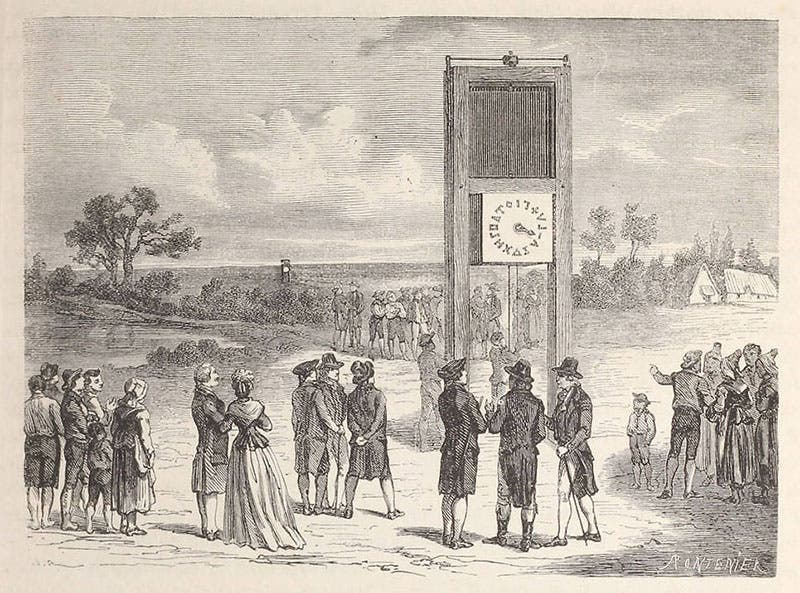 Claude Chappe’s first experiments with optical signaling, from Louis Figuier, Merveilles (1867)