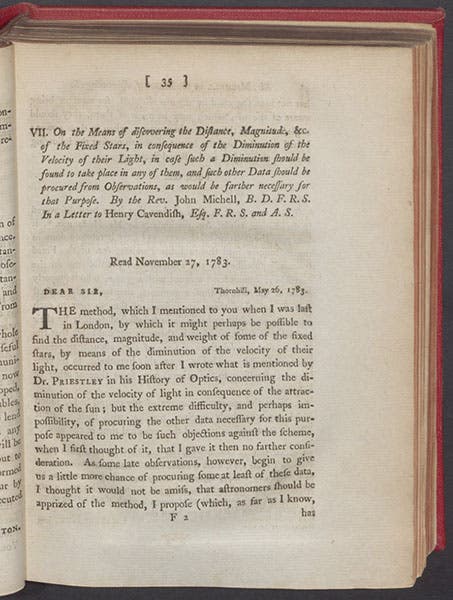 First page of John Michell’s second paper on the distance and magnitude of the stars, Philosophical Transactions of the Royal Society of London, vol. 74, 1784 (Linda Hall Library)