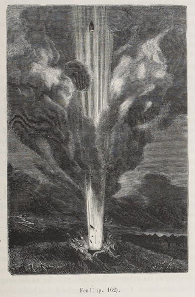 The projectile being fired toward the Moon from the underground cannon at Stone Hill, wood engraving after a design by Henri de Montaut, in De la terre à la lune, by Jules Verne, 1865, here from the 1868 ed, Bibliothèque nationale de France (gallica.bnf.fr)