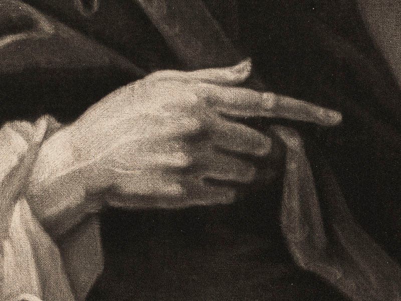 Newton’s hand, detail of third image, showing evidence of mezzotint rocker marks (Linda Hall Library)