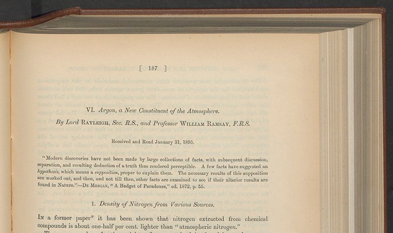 First page of “Argon, a new constituent of the atmosphere,” by Lord Rayleigh and William Ramsay, Philosophical Transactions of the Royal Society of London, 1895 (Linda Hall Library)