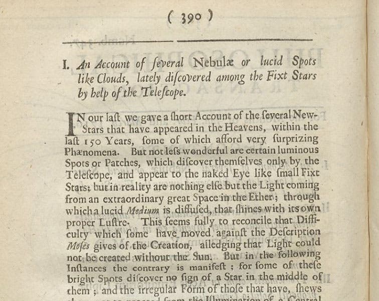 First paragraph of Edmond Halley’s paper on “several Nebulae or lucid Spots like Clouds,” Philosophical Transactions of the Royal Society of London, vol, 29, 1714-16 (Linda Hall Library)