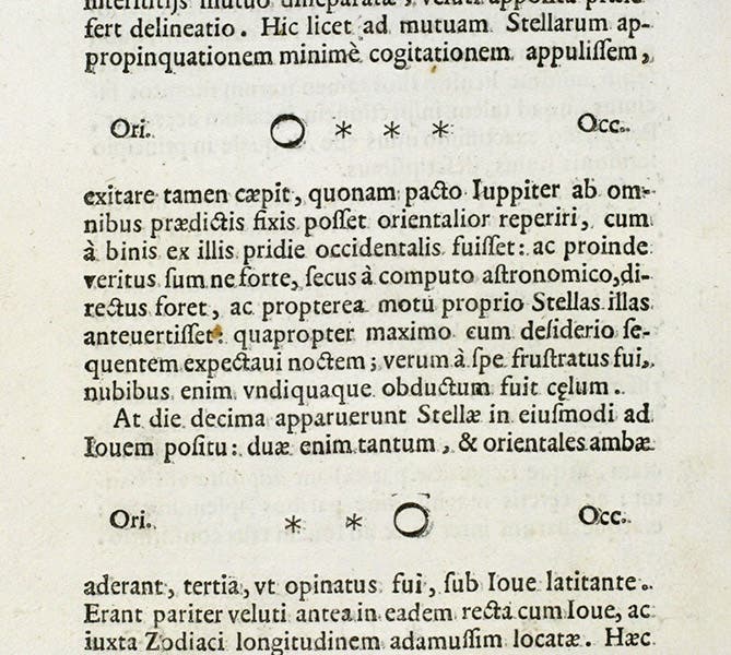 Jupiter and its accompanying “stars”, as sketched by Galileo on Jan. 8 and Jan. 10, 1610, and later printed in his Sidereus nuncius, 1610, Venice ed. (Linda Hall Library)
