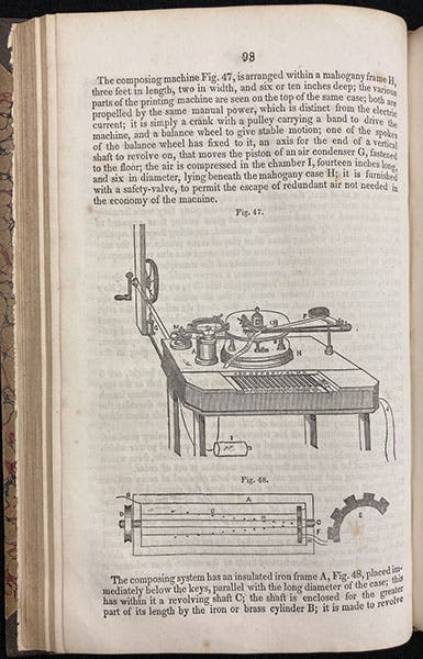 House’s printing telegraph, diagrams of the entire composing and printing apparatus (fig. 47), and the revolving drum under the keyboard (fig. 48), Lectures on the Electro-Magnetic Telegraph, by Laurence Turnbull, p. 98, 1852 (The Linda Hall)
