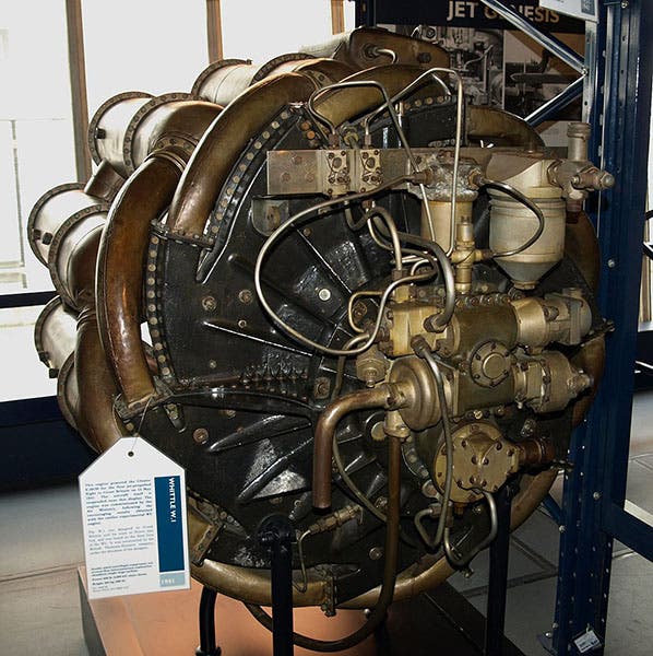 The Whittle W.1 turbojet engine on display in the Science Museum, London.  Unlike the engine in Washington, D.C. (first image), this engine actually flew (Wikimedia commons)