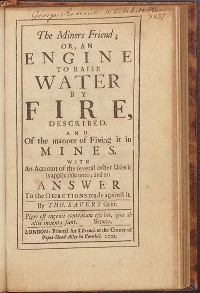 Title page, The Miner's Friend; or, an Engine to Raise Water by Fire, by Thomas Savery, 1702 (Linda Hall Library)