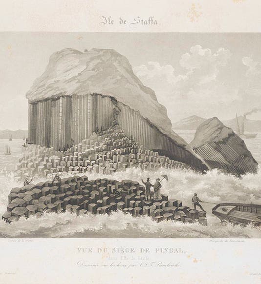 Boat landing near Fingal’s Cave, Staffa, aquatint, from Panckoucke, <i>L'Ile de Staffa</i>, 1831 (Linda Hall Library)