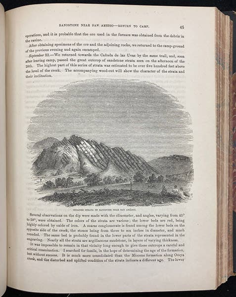 Inclined strata of limestone near San Amédio, wood engraving in Report of Explorations in California for Railroad Routes, by Robert S. Williamson (Pacific Railroad Reports, vol. 5), p. 45, 1855 (Linda Hall Library)