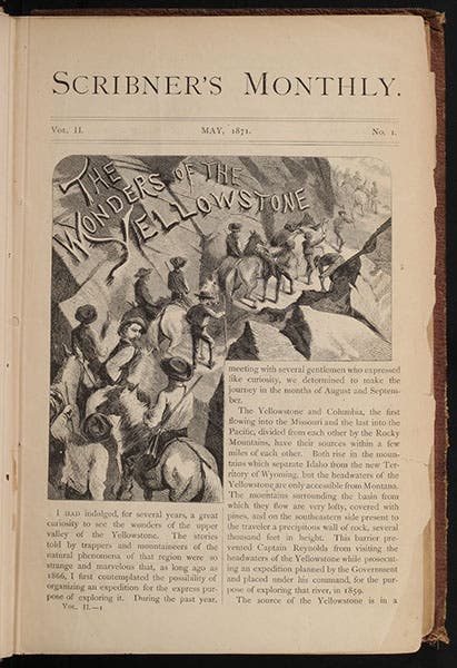 The Washburn party entering Yellowstone basin, first page of article by Nathaniel Langford, Scribners’ Monthly, May 1871 (author’s collection)