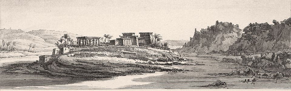 Distant view of the temples on the island of Philae, from Vivant Denon, Voyage dans la Basse et la Haute Égypte, (Paris 1802)