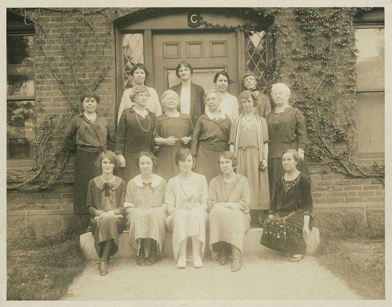 Group photo of 3 generations of Harvard women astronomers; Cecilia Payne is in the back row, centered on the door, 1925 (Harvard University Archives, courtesy of Tom Fine)