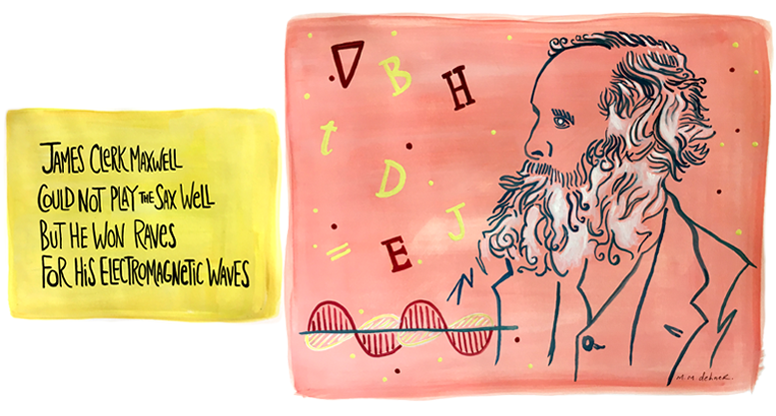 James Clerk Maxwell, clerihew by the author; calligraphy and gouache drawing by Melissa Dehner