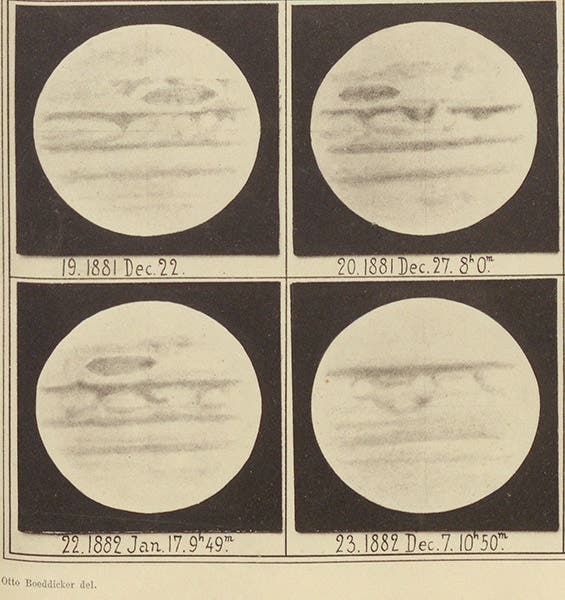 Four drawings of Jupiter, 1881-82, with the Great Red Spot prominent at bottom left, just above the central belt; detail of lithograph after drawings by Otto Boeddicker, in Scientific Transactions of the Royal Dublin Society, ser. 2, vol. 4, plate 25, 1889 (Linda Hall Library)