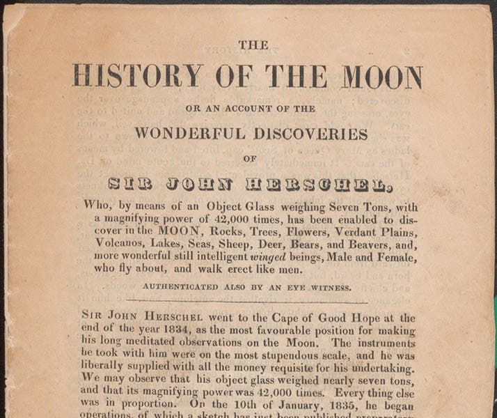 Detail of first page of The History of the Moon, or an Account of the Wonderful Discoveries of by Sir John Herschel, [by Richard Adams Locke], 1835 (Linda Hall Library)