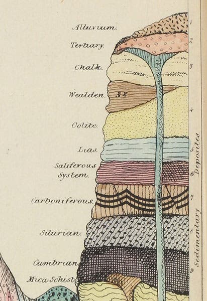 Detail of Ideal geological section, showing Lias, Oolite, Wealden, Chalk, and other secondary strata, hand-colored lithograph, The Wonders of Geology, by Gideon Mantell, vol. 2, plate 3, at end, 1838 (Linda Hall Library)