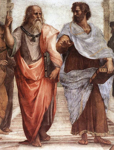Plato (left) and Aristotle, detail of School of Athens, fresco by Raphael Sanzio, 1509-11, Stanza della Signatura, Vatican, commissioned by Pope Julius II (Wikimedia commons)