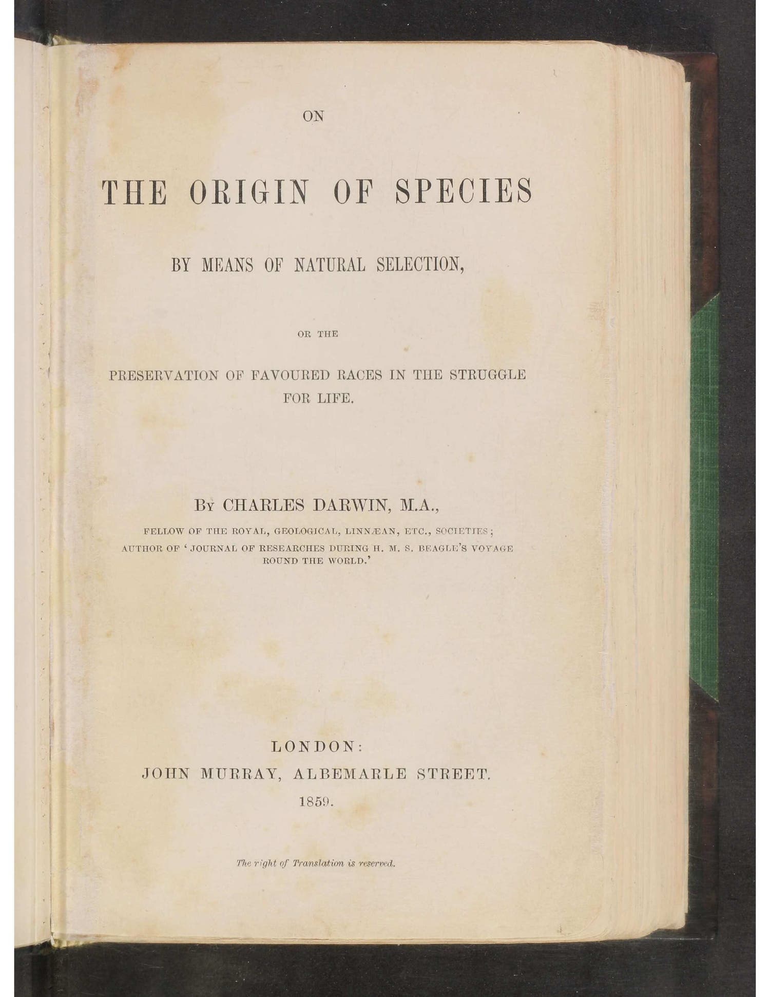 Charles Darwin, On the Origin of Species, London, 1859 (Linda Hall Library)