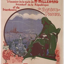 Poster for the Tercentenary celebration of the birth of Blaise Pascal, 1923, showing Clermont-Ferrand, the Puy de Dôme, and the statue of Pascal unveiled in the city in 1880 (Wikimedia commons)