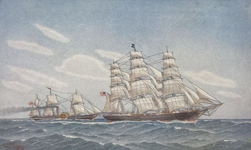 Sovereign of the Seas, extreme clipper ship, designed and built by Donald McKay, beating a steamer, painting by Fred Cozzens, in Some Famous Sailing Ships and their Builder Donald McKay, by Richard C. McKay, 1928 (Linda Hall Library)