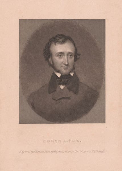 Portrait of Edgar Allan Poe, mezzotint by John Sartain after an 1845 oil painting by Samuel Osgood, 1849, National Portrait Gallery, Smithsonian Institution (npg.si.edu)