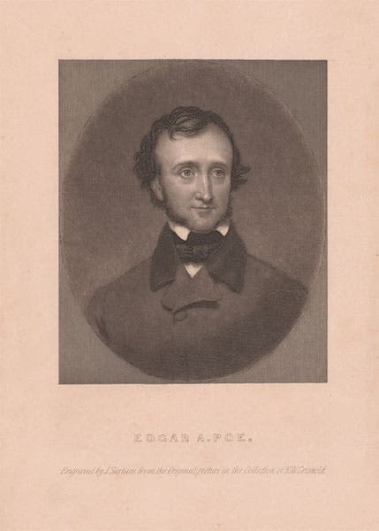 Portrait of Edgar Allan Poe, mezzotint by John Sartain after an 1845 oil painting by Samuel Osgood, 1849, National Portrait Gallery, Smithsonian Institution (npg.si.edu)