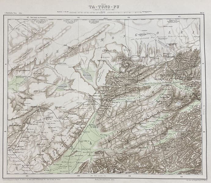 Topogaphic map of Ta-Tung-Fu, hand-colored engraving in China: Ergebnisse eigener Reisen und darauf gegründeter Studien, by Ferdinand von Richthofen, Atlas vol. 1, plate 13, 1877-1912 (Linda Hall Library)