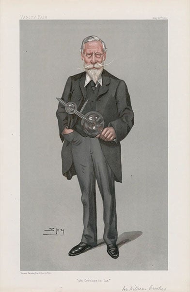 Caricature of William Crookes, pneumatic chemist, by Leslie Ward (“Spy”), Vanity Fair, May 21, 1903, captioned: “Ubi Crookes ubi lux” (“where there is Crookes, there is light”), National Portrait Gallery, London (npg.org.uk)