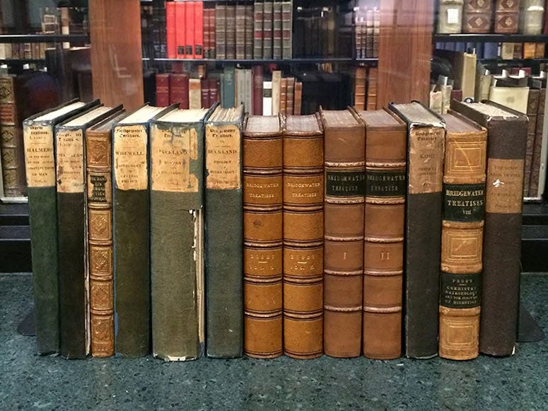 All eight Bridgewater treatises, all first editions; John Kidd’s treatise is the third from the right (Linda Hall Library)