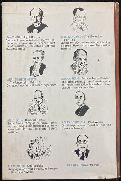 The back of the dust jacket of Thirty Years that Shook Physics, with George Gamow’s sketches of the major participants in the quantum revolution, including Louis de Broglie (four o’clock position), 1966 (author’s copy)