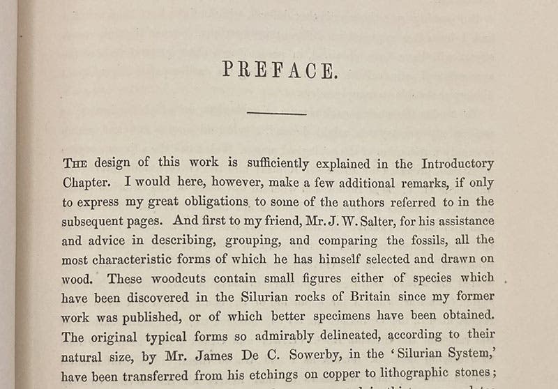 First paragraph of preface by Roderick Murchison, thanking John William Salter for his contributions, Siluria, 1854 (Linda Hall Library)