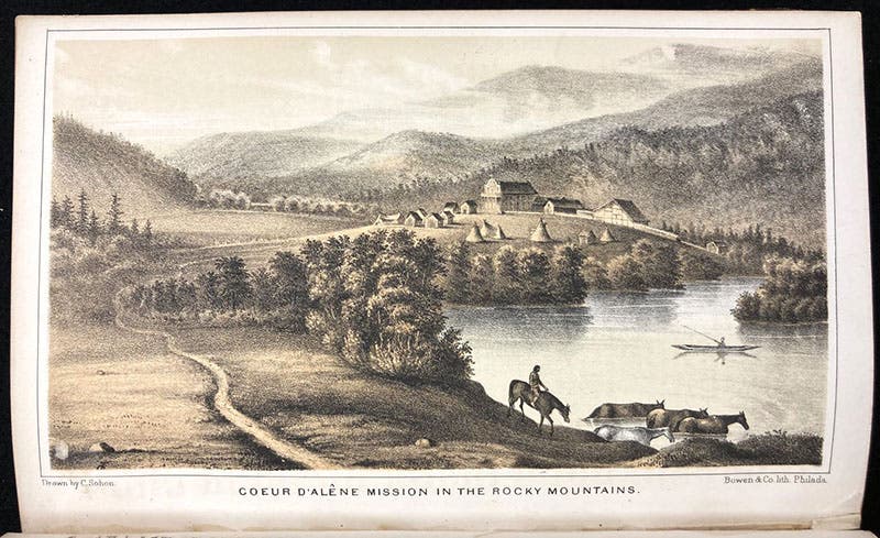 Mission and camp at Coeur d’Alene, Idaho Territory, tinted lithograph by Gustav Sohon, Report on the Construction of a Military Road from Fort Walla-Walla to Fort Benton, by John Mullan, p. 16, 1863 (Linda Hall Library)