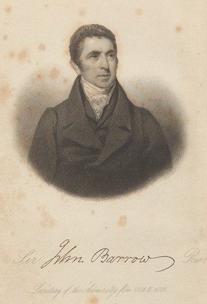 Portrait of John Barrow, engraved frontispiece after a painting by John Jackson, in Voyages of Discovery and Research within the Arctic Regions, ed. by John Barrow, 1846 (Linda Hall Library)