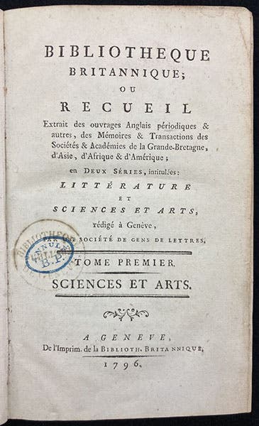 Title page, Bibliothèque Britannique, ed. by Marc-Auguste Picte, vol. 1, 1796 (Linda Hall Library)