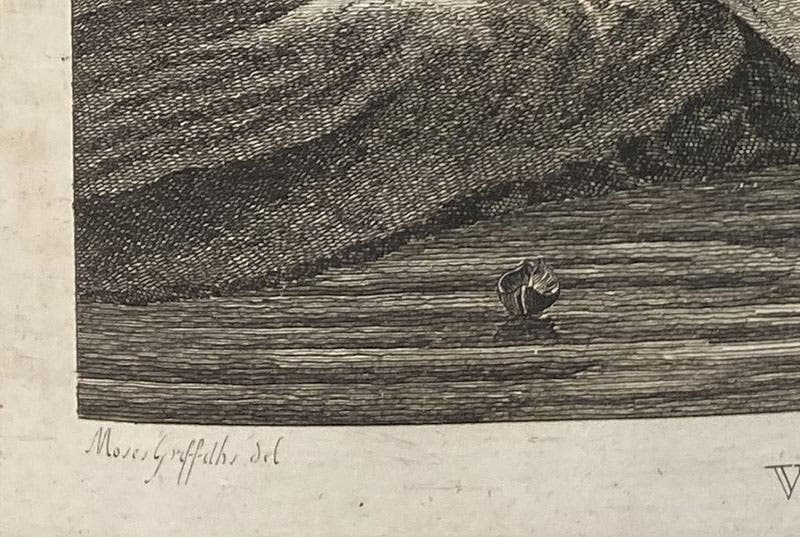 Detail of seventh image, “A View of Cannay,” engraving with signature of Moses Griffith, in A Tour in Scotland, and Voyage to the Hebrides; MDCCLXXII, by Thomas Pennant, vol. 1, pl. 32, p. 276, 1774 (Linda Hall Library)
