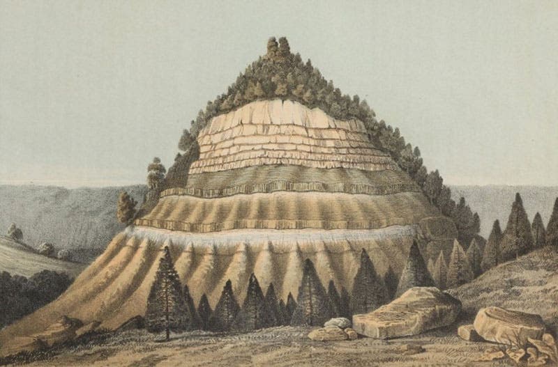 A conical hill 500 feet high, chromolithograph from a sketch by Balduin Möllhausen, Explorations and Surveys for a Railroad Route from the Mississippi River to the Pacific Ocean: Route near the Thirty-Fifth Parallel, by Amiel W. Whipple (Pacific Railroad Report, 3), 1856 (Linda Hall Library)