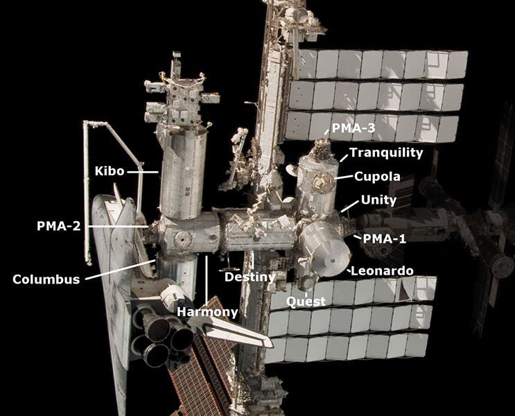 Detail of image above, the U.S. Orbital Segment of the ISS, with Unity at the center; the Russian Orbital Segment, extending off to the right, has been darkened, NASA photo (Wikimedia commons)