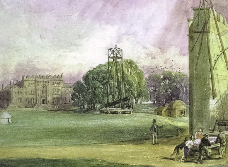 The 36-inch refracting telescope at Birr Castle, Ireland, used by Otto Boeddicker to observe Jupiter, 1881-86, detail of a watercolor by Henrietta Crompton, ca 1845  (Wikimedia commons)