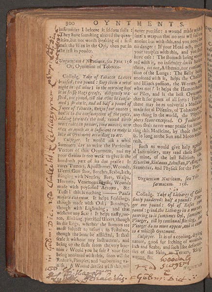 Entry on Oyntment of Tobacco, from Nicholas Culpeper, The London Dispensatory, 1659 (Linda Hall Library)