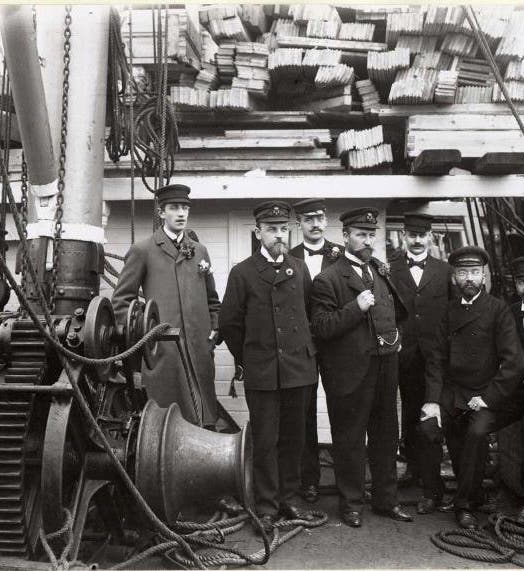 The scientific crew of the Swedish South-polar Expedition aboard the <i>Antarctic</i>; Otto Nordenskjöld is in the front, second from the left; photograph, 1901 (Wikimedia commons)